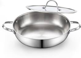 Cooks Standard - Multi-Ply Clad 12Inch S/S Wok Stir Fry Pan W/Glass Lid Everyday Chef's Pan Flat Bottom Wok Induction - Stainless Steel