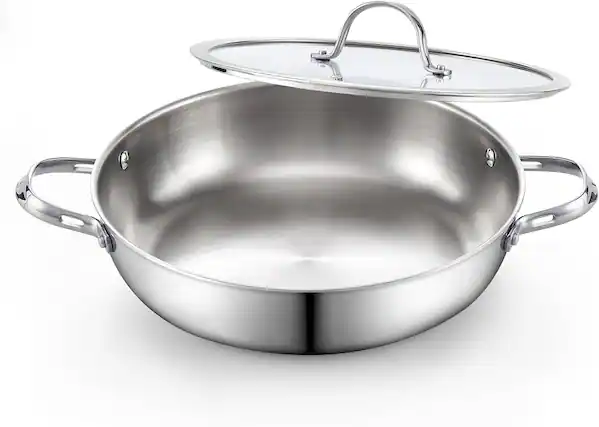 Front. Cooks Standard - Multi-Ply Clad 12Inch S/S Wok Stir Fry Pan W/Glass Lid Everyday Chef's Pan Flat Bottom Wok Induction - Stainless steel.