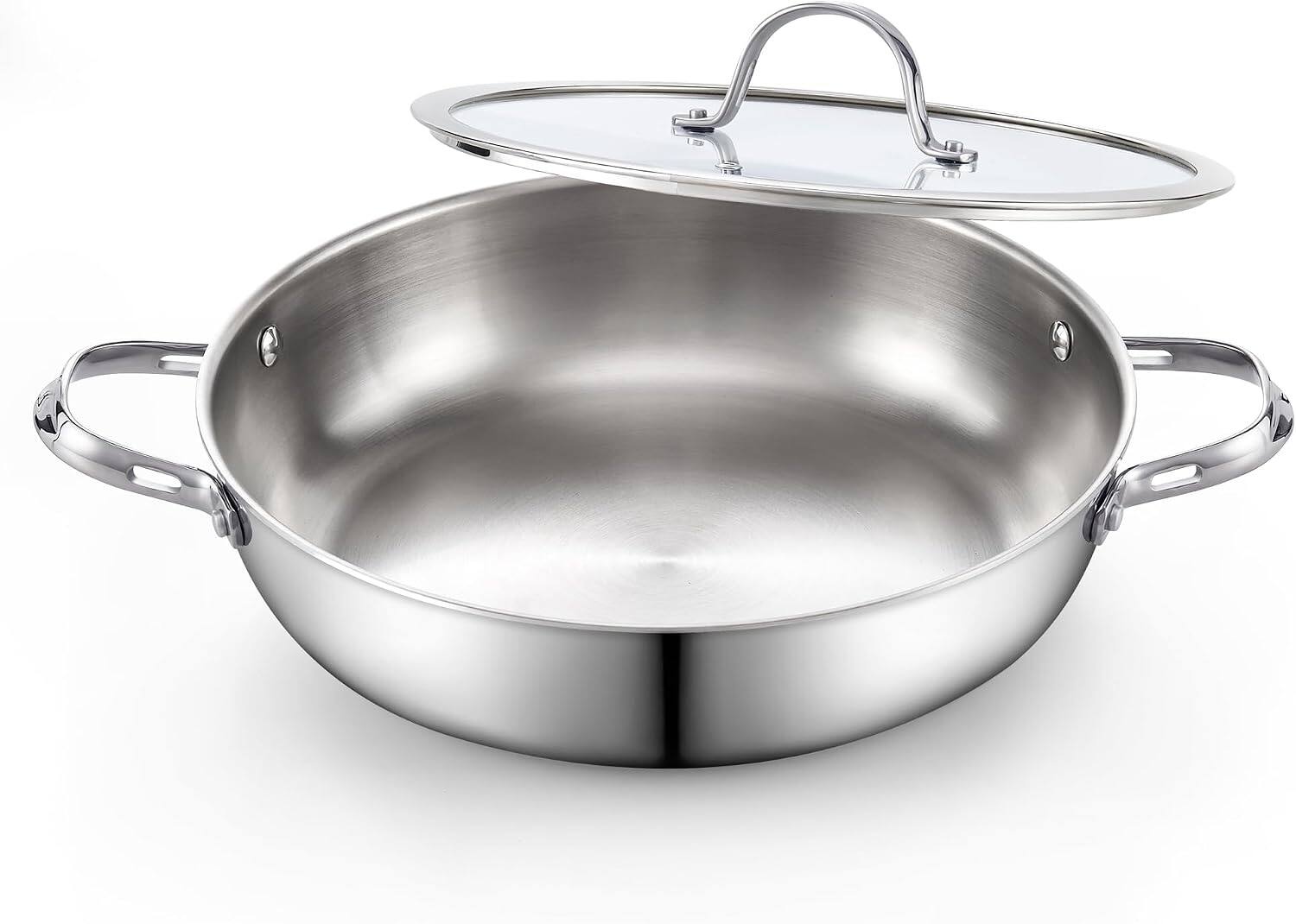 Front. Cooks Standard - Multi-Ply Clad 12Inch S/S Wok Stir Fry Pan W/Glass Lid Everyday Chef's Pan Flat Bottom Wok Induction - Stainless steel.