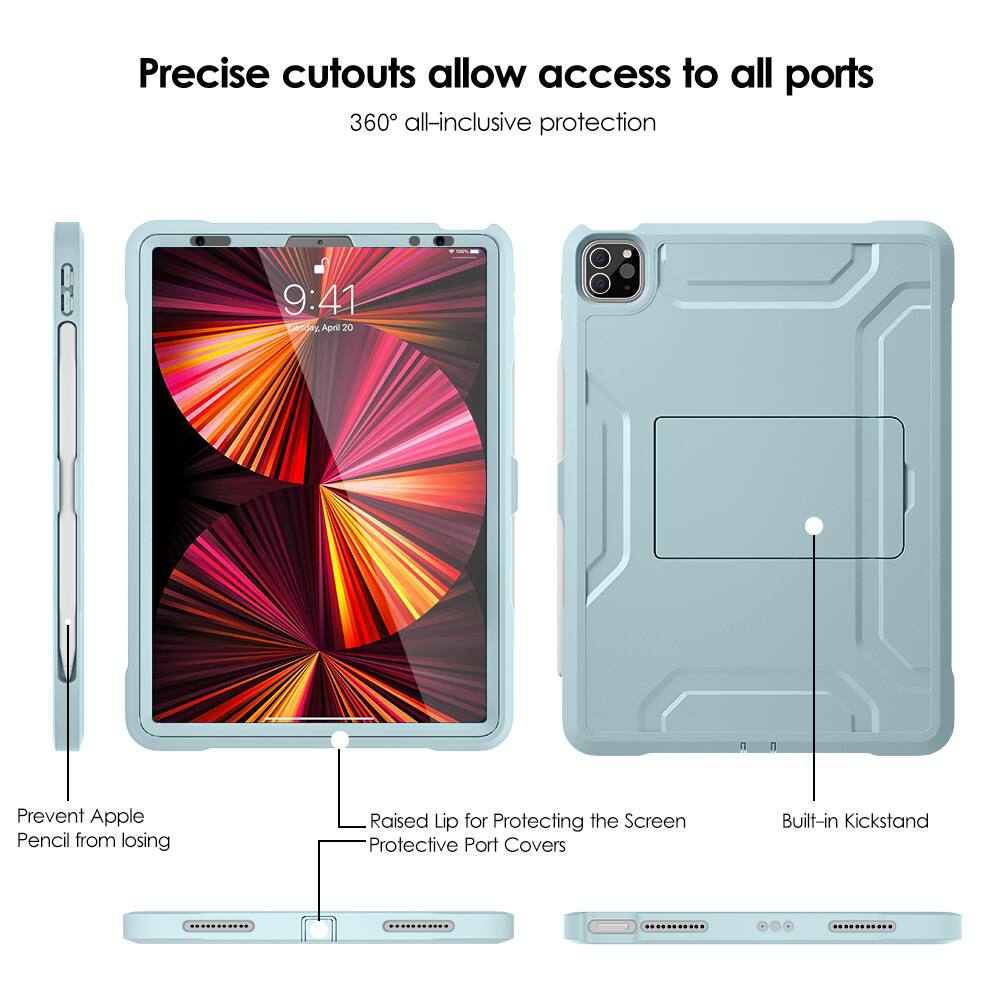 Precise cutouts allow access to all ports  
360° all-inclusive protection  

- Prevent Apple Pencil from losing  
- Raised Lip for Protecting the Screen  
- Protective Port Covers  
- Built-in Kickstand