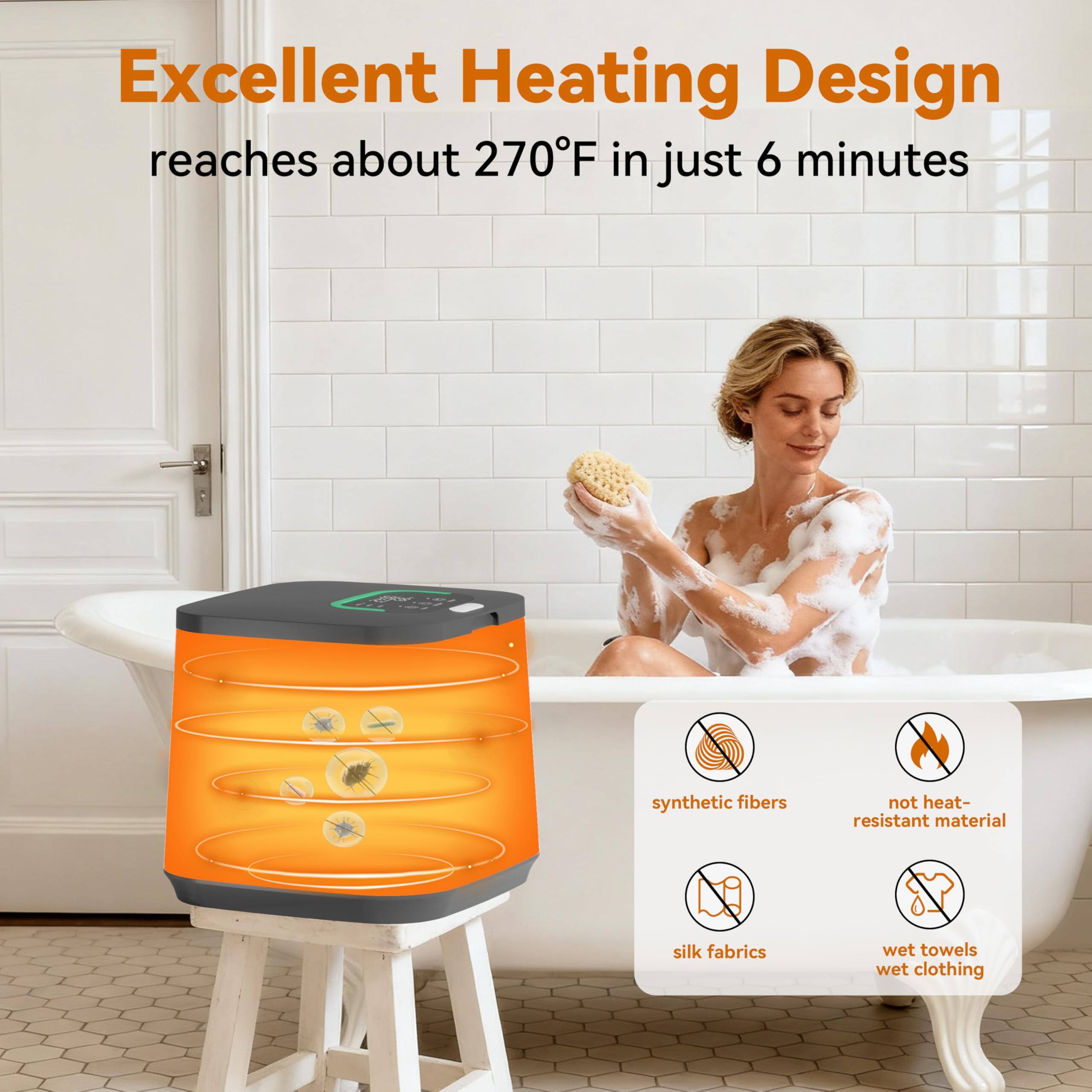 Excellent Heating Design  
reaches about 270°F in just 6 minutes  

- synthetic fibers  
- not heat-resistant material  
- silk fabrics  
- wet towels  
- wet clothing
