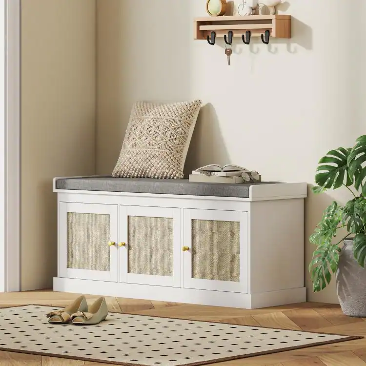 White Entry Bench PULUZ Shoe Storage Bench with Woven Rattan Doors, Shoe Bench with ...