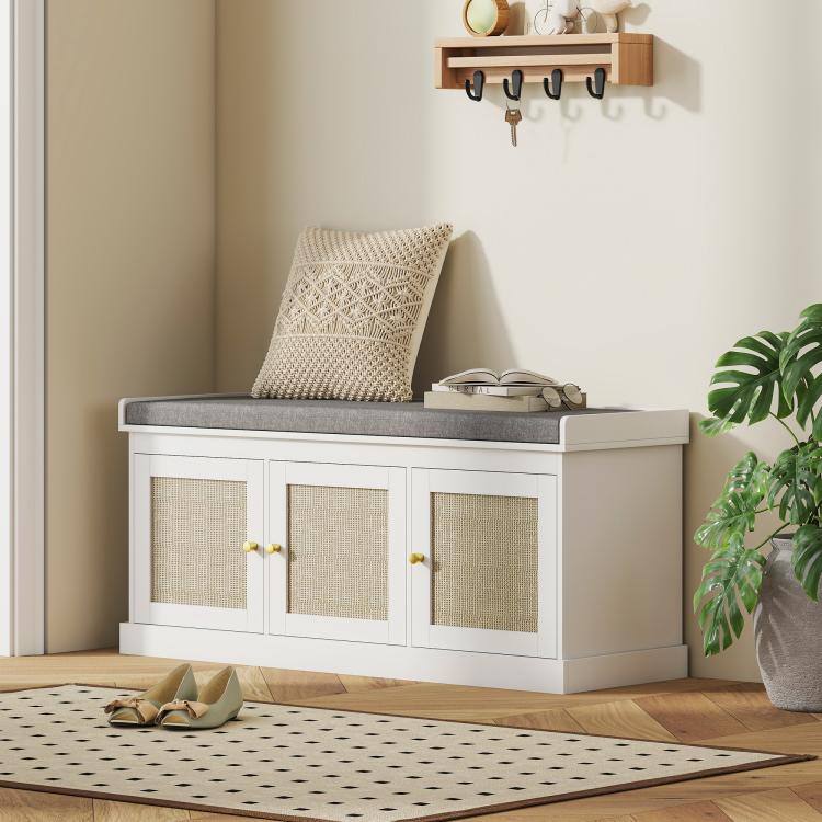 Alt View 3. PULUZ - Shoe Storage Bench with Woven Rattan Doors, Shoe Bench with Cushion, Adjustable Shelves, Entryway Bench - White.