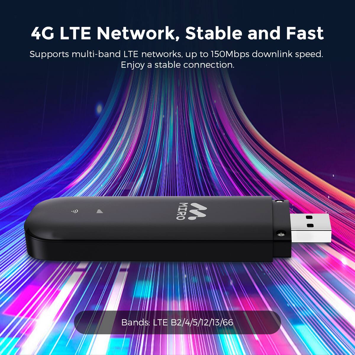 4G LTE Network, Stable and Fast
Supports multi-band LTE networks, up to 150Mbps downlink speed. Enjoy a stable connection.
MIRO
Bands: LTE B2/4/5/12/13/66