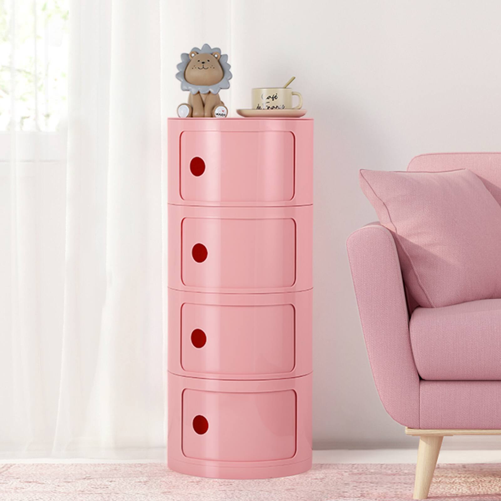 Front. Oumilen - Modular Stackable Storage Cabinet - 4-Tier Rotating Drawer Unit for Bedroom and Living Room - Pink.