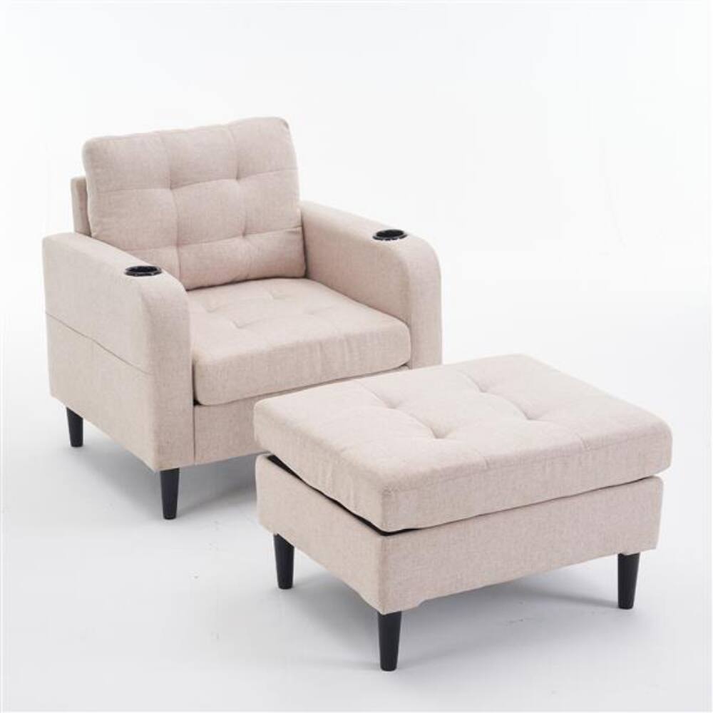 Front. SlickBlue - Upholstered Armchair with Storage Ottoman and Cup Holders for Cozy Seating - Beige.