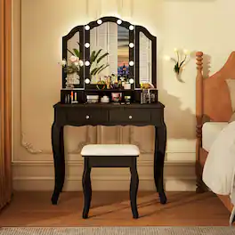 Costway - Makeup Vanity Set with Tri-Fold Mirror & LED Lights 4 Drawers Open Shelf - Black