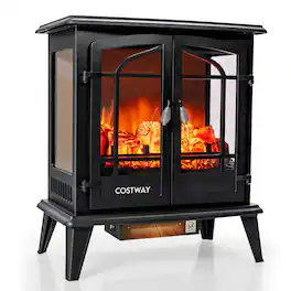 Costway - 25" Freestanding Electric Fireplace Heater Stove W/ Realistic Flame effect 1400W - Black