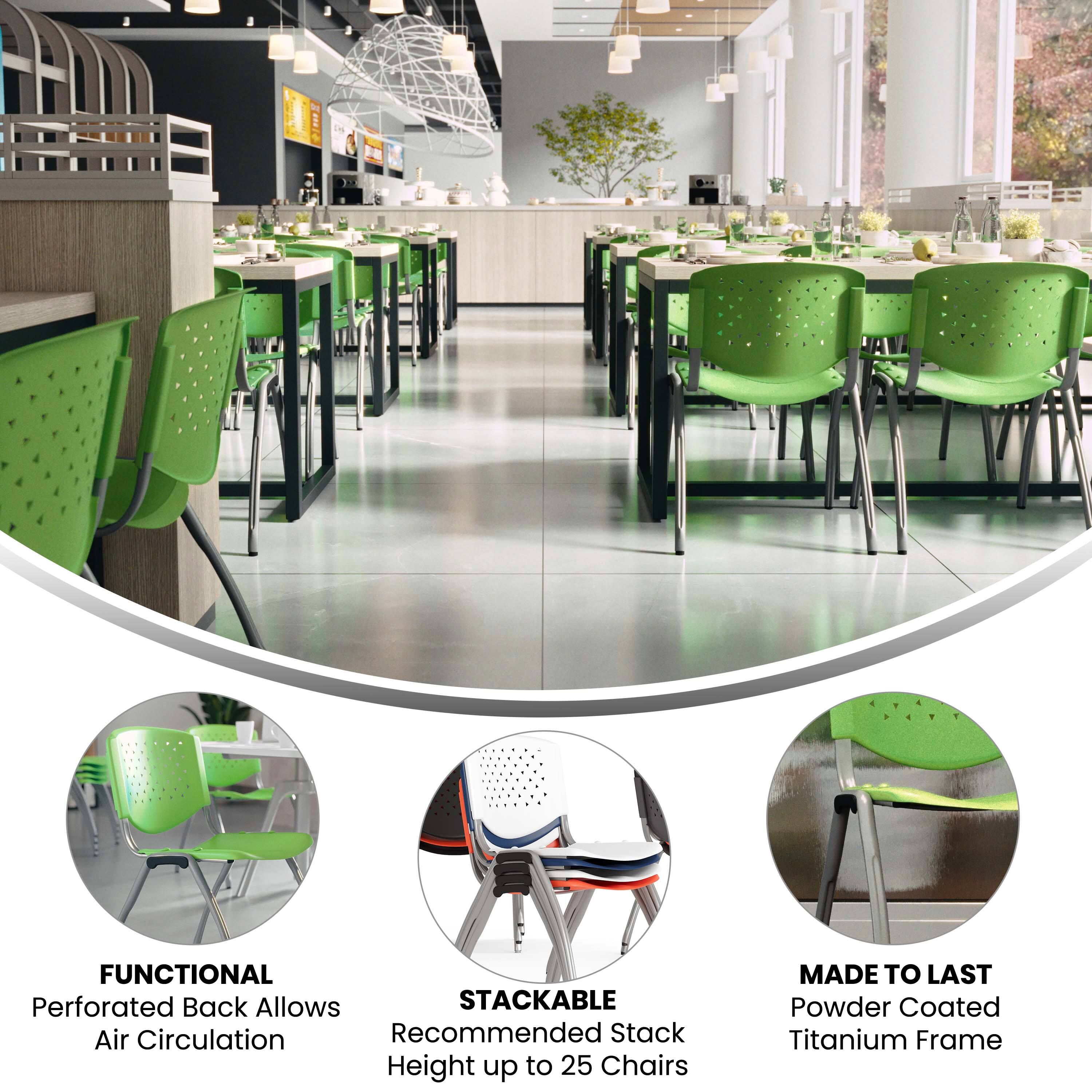 - FUNCTIONAL
  Perforated Back Allows Air Circulation

- STACKABLE
  Recommended Stack Height up to 25 Chairs

- MADE TO LAST
  Powder Coated Titanium Frame