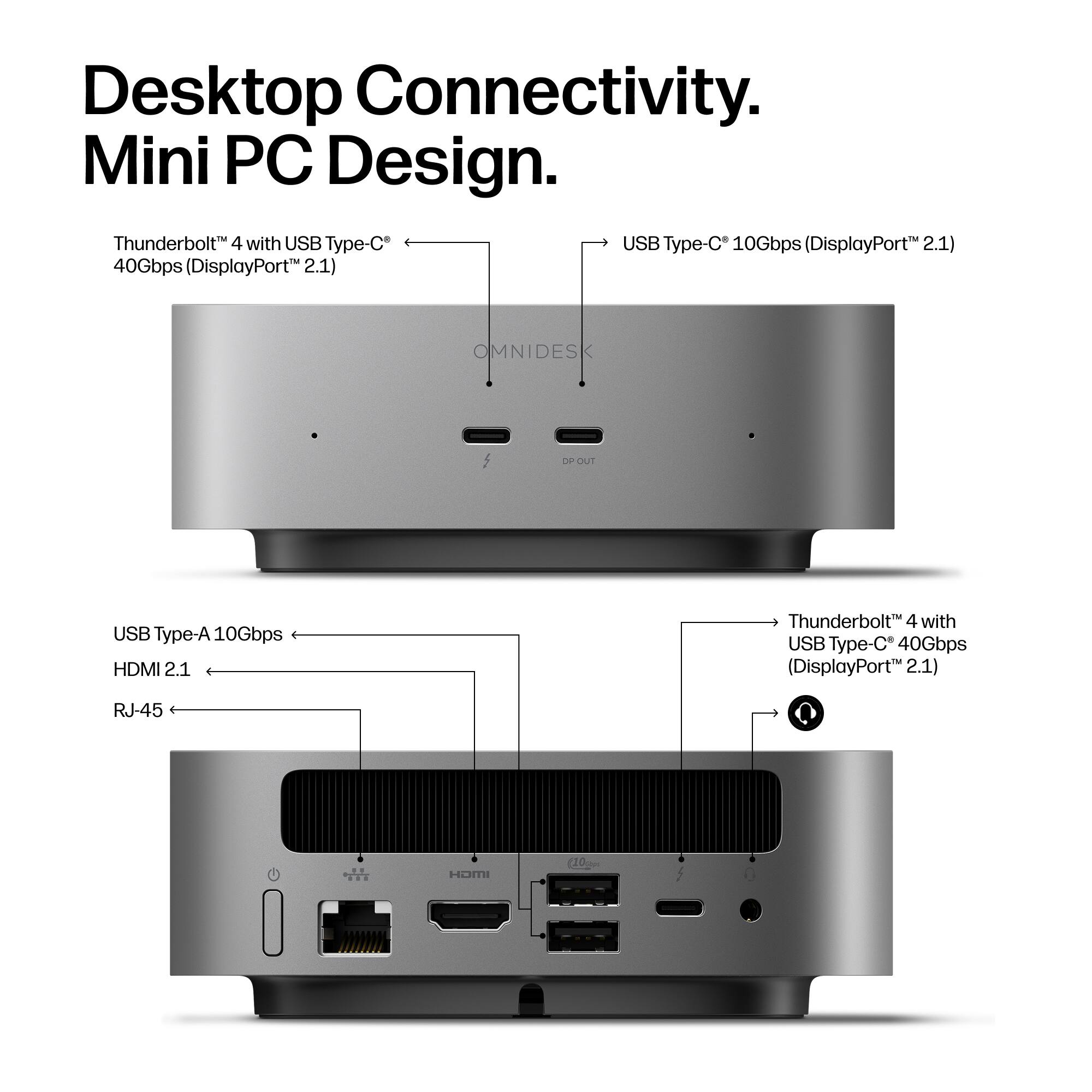 Desktop Connectivity. Mini PC Design.  
Thunderbolt 4 with USB Type-C 40Gbps (DisplayPort 2.1)  
USB Type-C 10Gbps (DisplayPort 2.1)  
OMNIDESK  
DP OUT  
USB Type-A 10Gbps  
HDMI 2.1  
RJ-45