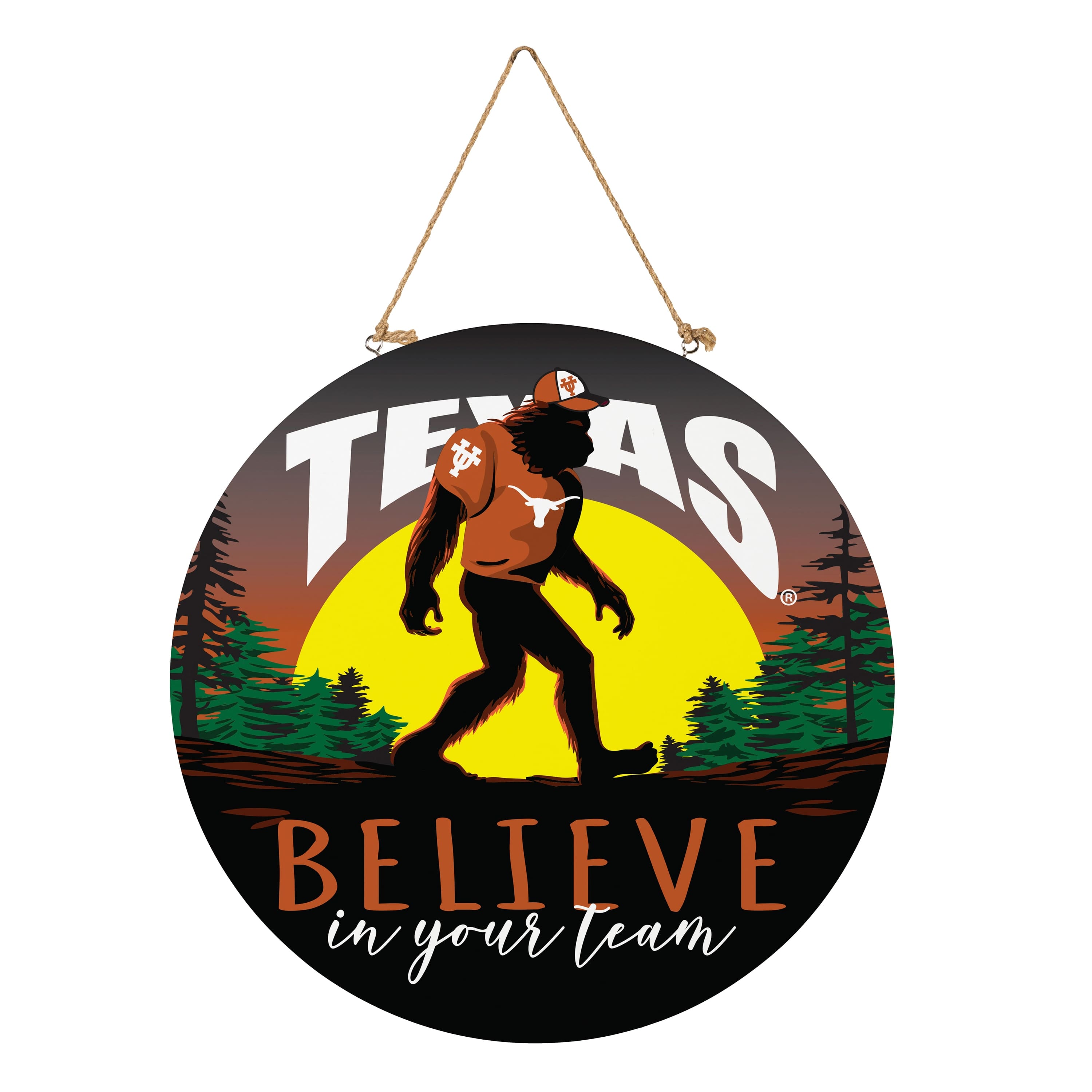 Evergreen Enterprises - Texas Longhorns 18" Bigfoot "Believe in Yourself" Team Logo Wood Round Door Sign - Multicolor