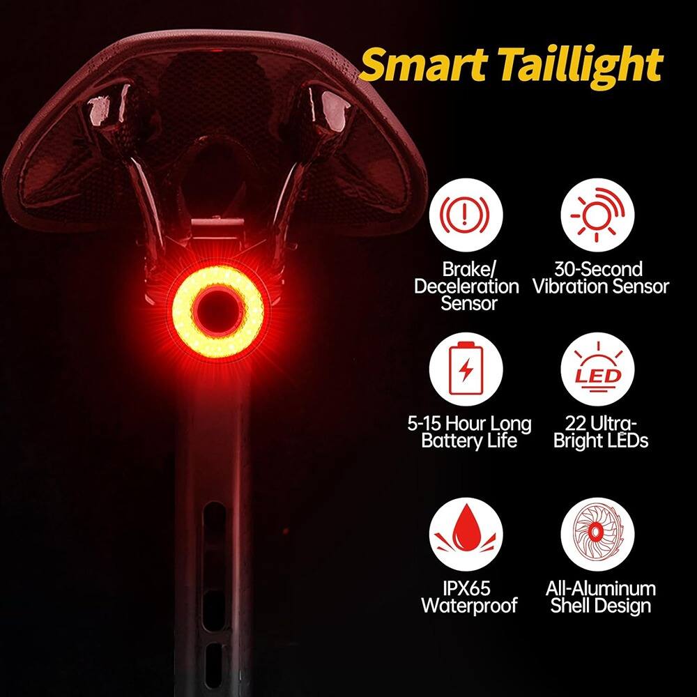 Smart Taillight

- Brake/Deceleration Sensor
- 30-Second Vibration Sensor
- 5-15 Hour Long Battery Life
- 22 Ultra-Bright LEDs
- IPX65 Waterproof
- All-Aluminum Shell Design