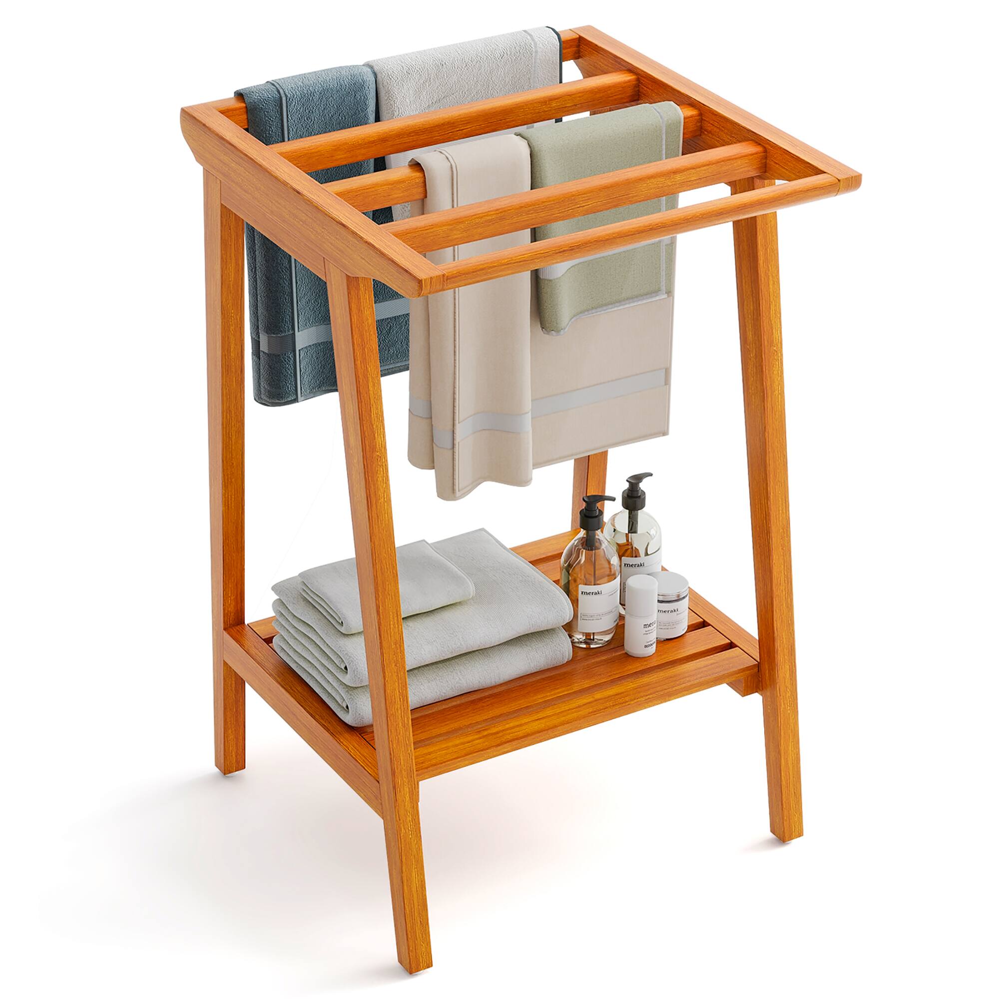 Alt View 9. Gymax - Gymax Freestanding Towel Rack for Bathroom w/ Storage Shelf for Poolside Living Room - Natural.