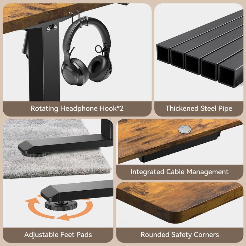 Rotating Headphone Hook*2  
Thickened Steel Pipe  
Integrated Cable Management  
Adjustable Feet Pads  
Rounded Safety Corners
