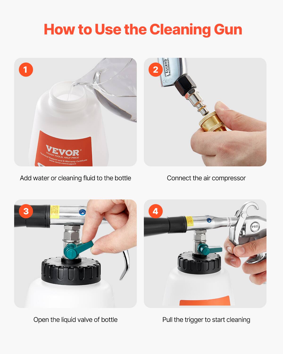 How to Use the Cleaning Gun

1. Add water or cleaning fluid to the bottle.
2. Connect the air compressor.
3. Open the liquid valve of the bottle.
4. Pull the trigger to start cleaning.