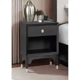 Loheer - Mid Century Modern Nightstand with USB-A and USB-C Charging Ports - Black