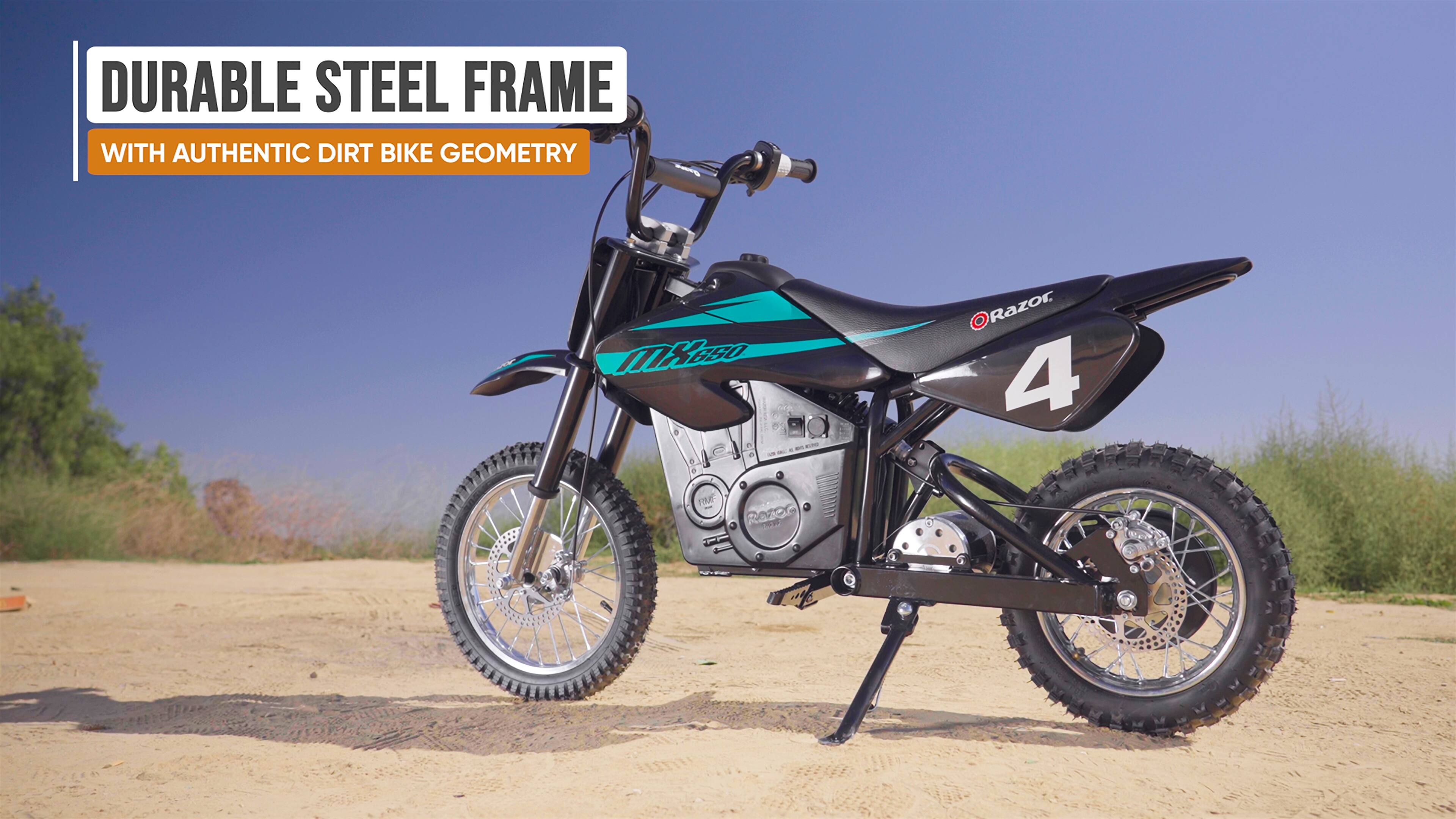 Durable steel frame with authentic dirt bike geometry.