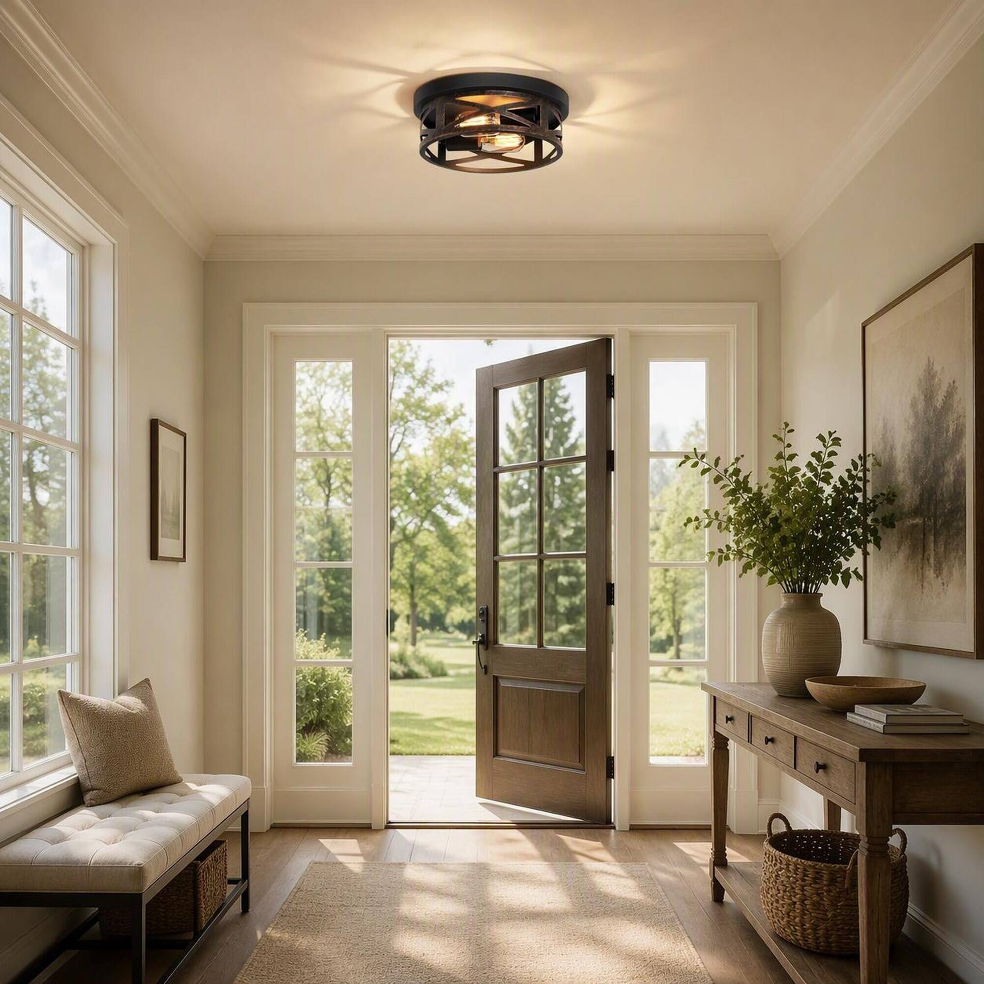 Left. RYHNUYNE - 2-Pack Matte Bronze Industrial Flush Mount Ceiling Light with Crisscross Metal Cage, Round Close-to-Ceiling Fixture.