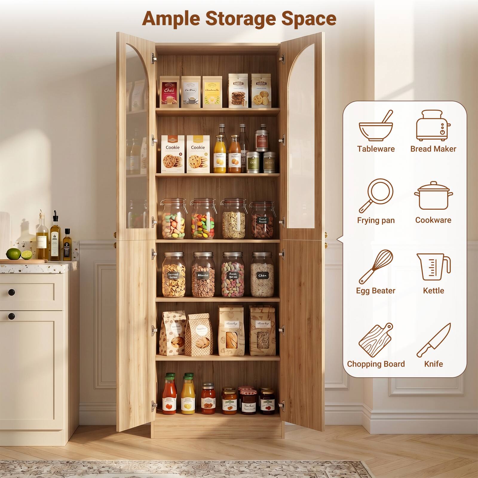 Ample Storage Space

- Tableware
- Bread Maker
- Frying pan
- Cookware
- Egg Beater
- Kettle
- Chopping Board
- Knife