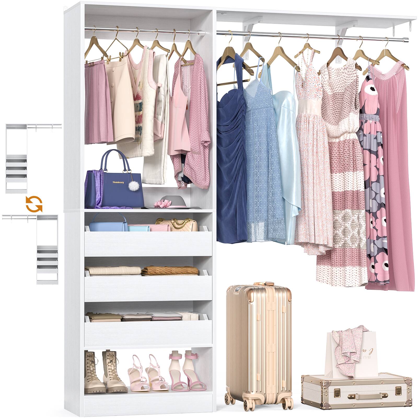 Alt View 4. Aheaplus - 60'' Wide Closet System with 3 Drawers, 2 Hanging Rods, and Side Shelf, Hanging Closet for Closet, Bedroom - White.
