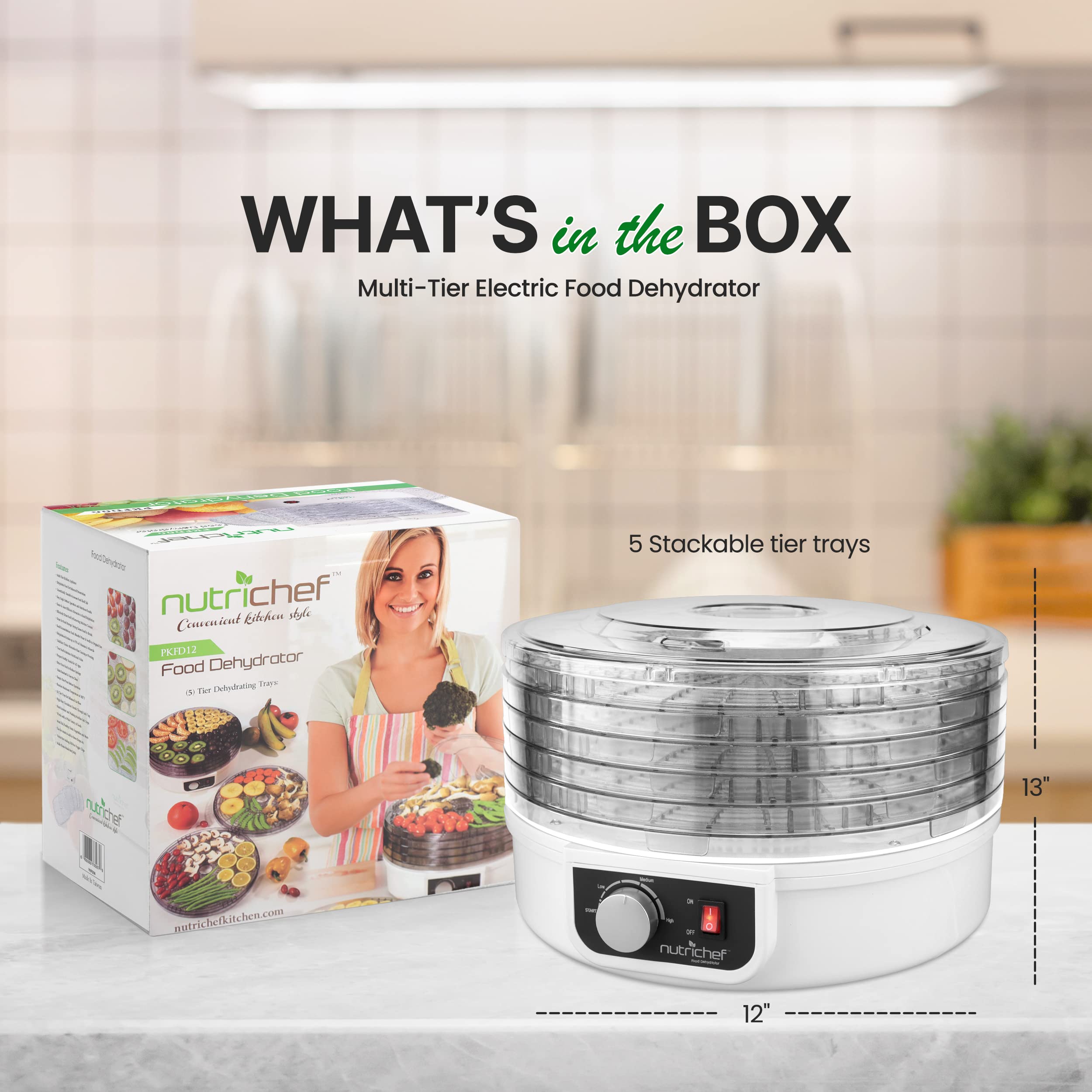 WHAT'S in the BOX  
Multi-Tier Electric Food Dehydrator  

- 5 Stackable tier trays  
- 13"  
- 12"  

nutrichef  
Convenient kitchen style  
PKFD12  
Food Dehydrator  
nutrichefkitchen.com