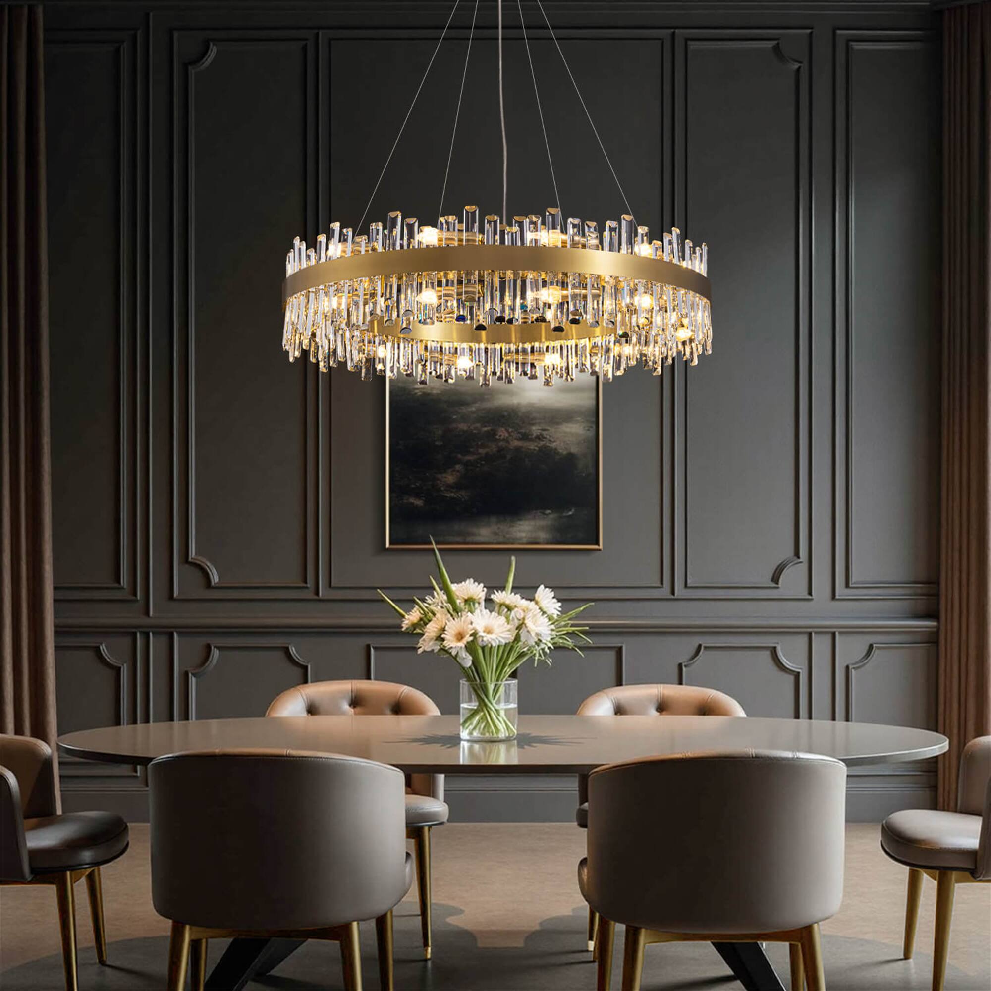 Back. Siljoy - 20-Light Brushed Gold 2-Tier K9 Crystal Raindrop Chandelier, 39.4in 3-Way Dimmable for Dining/Living/Kitchen/Bedroom - Gold.