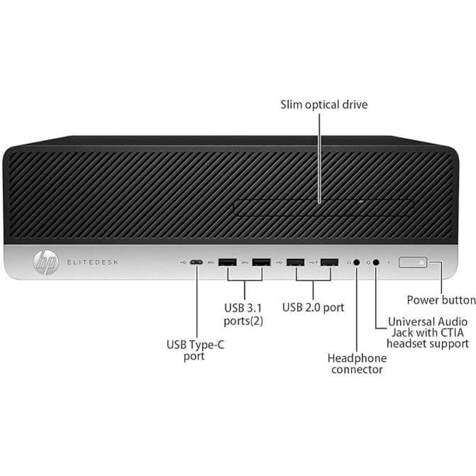 Slim optical drive  
HP ELITEDESK  
USB 3.1 ports (2)  
USB Type-C port  
Power button  
USB 2.0 port  
Universal Audio Jack with CTIA headset support  
Headphone connector