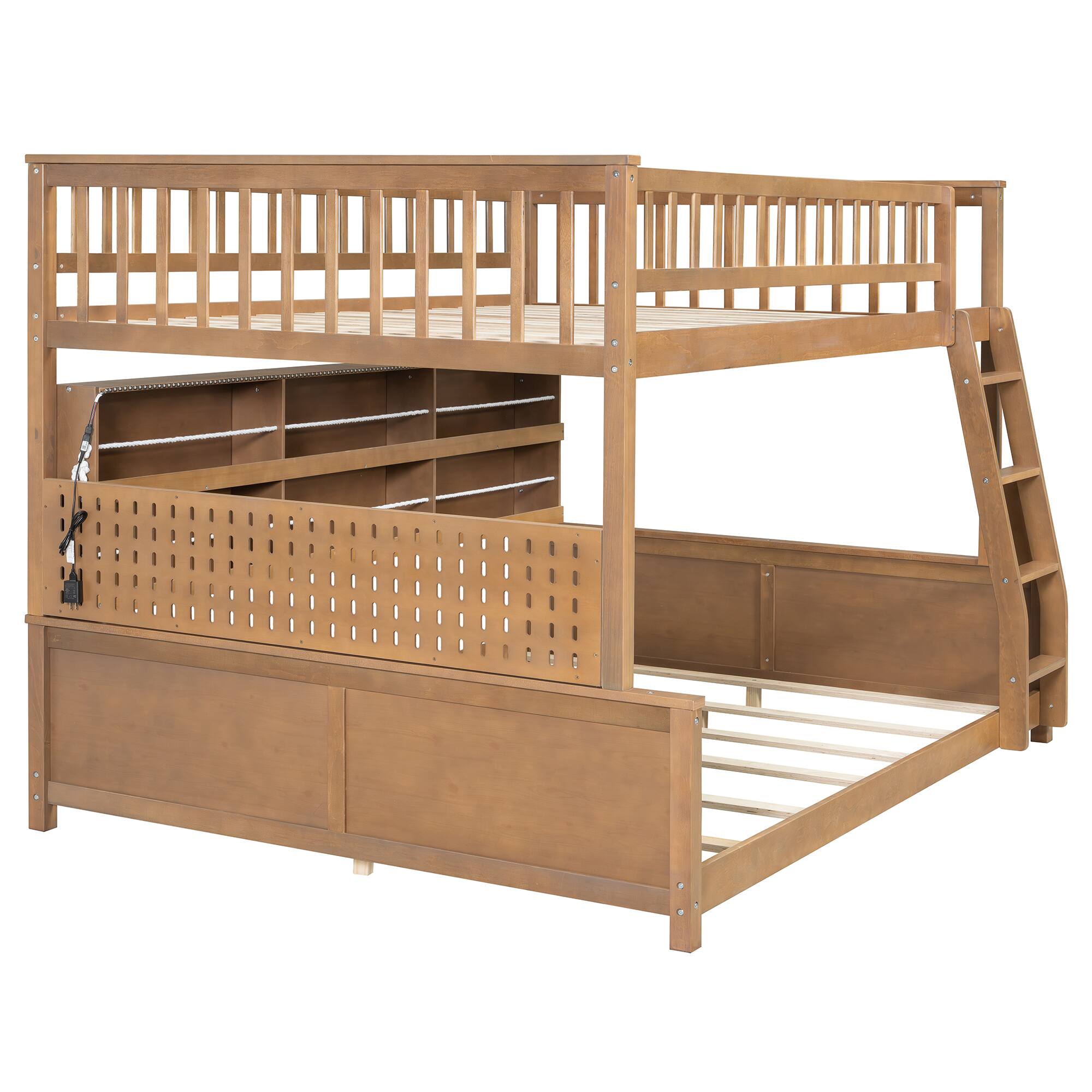 Alt View 4. Anysun - Full XL over Queen Bunk Bed with Integrated Shelving, Color-Changing Lights and Pegboard - Brown.