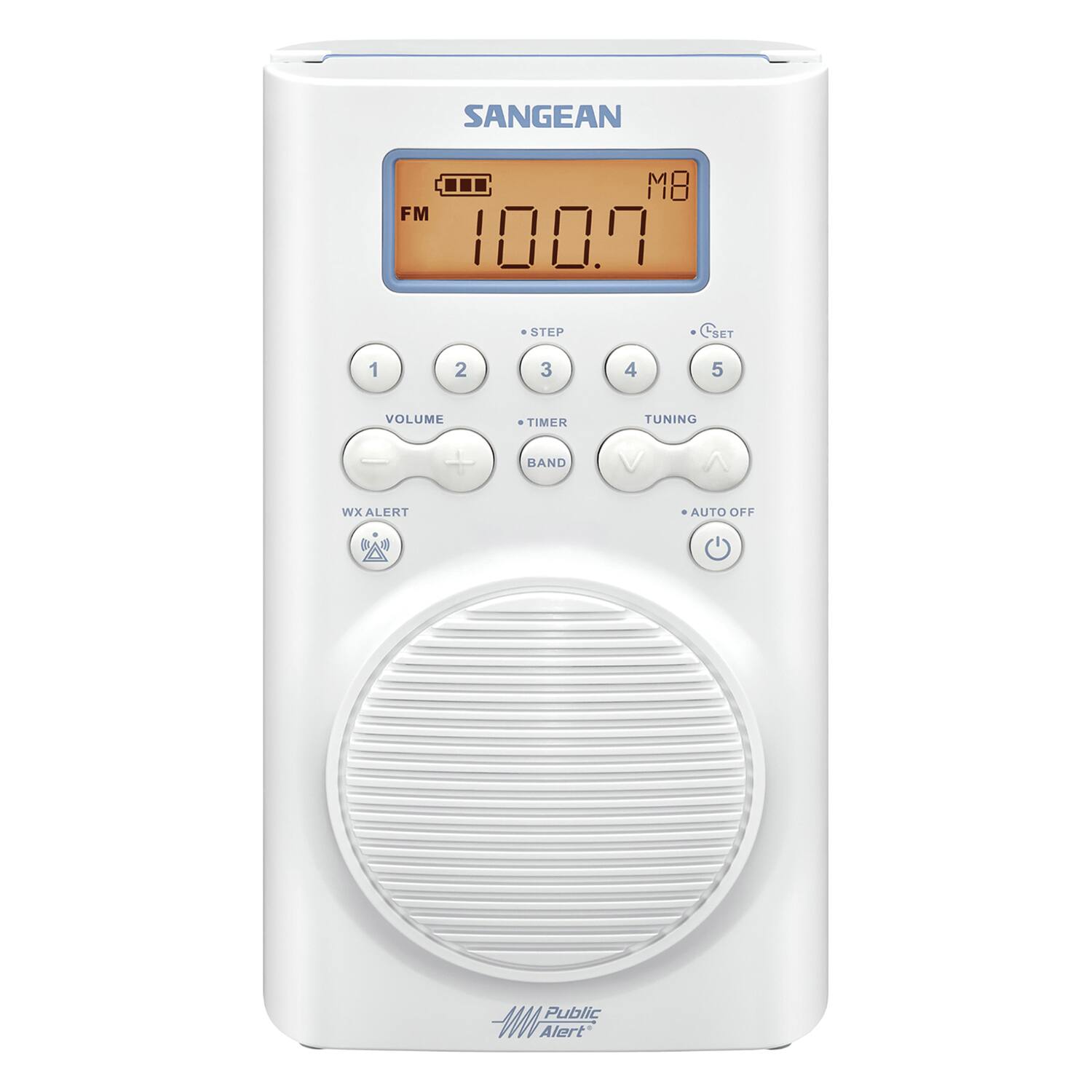 SANGEAN M8 FM 100.7 STEP 1 2 3 4 5 VOLUME TIMER TUNING + BAND WX ALERT AUTO OFF BAD Public Alert