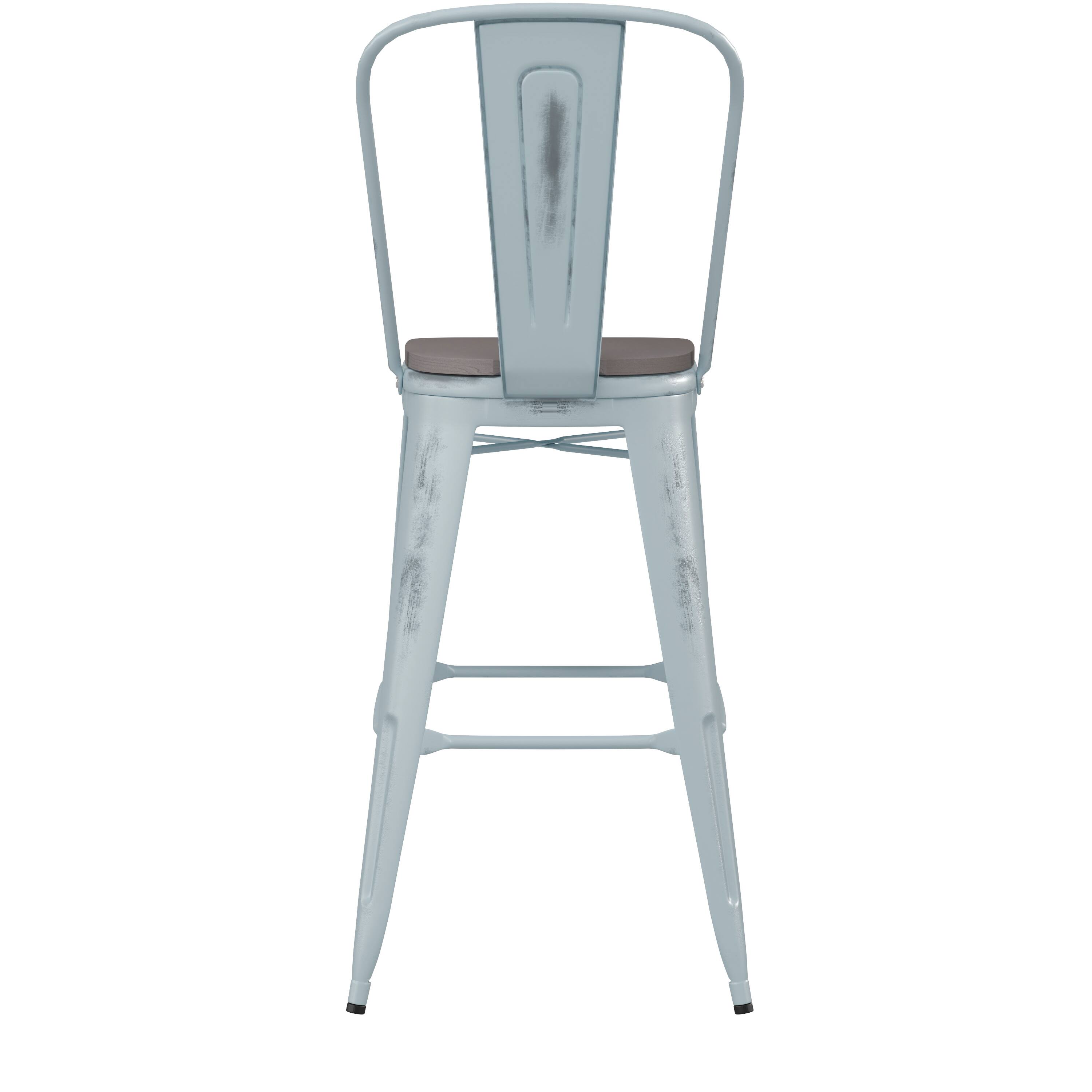 Alt View 8. Emma + Oliver - Nova Distressed Metal Stools with Backs and Polystyrene Seats for Indoor/Outdoor Use - Gray Seat/Green-Blue Frame.