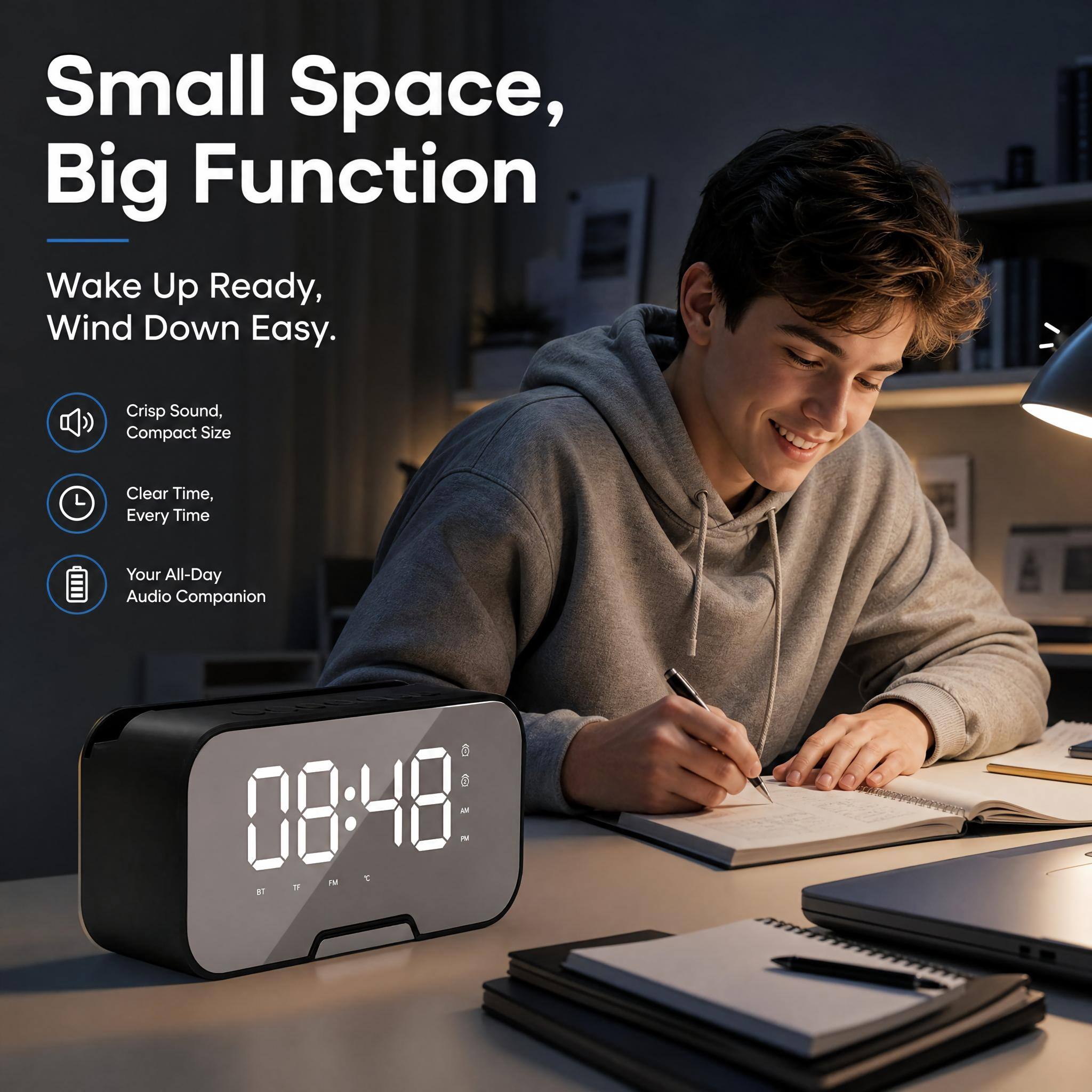 Small Space, Big Function  
Wake Up Ready, Wind Down Easy.  
Crisp Sound, Compact Size  
Clear Time, Every Time  
Your All-Day Audio Companion  

0 08:48  
TF FAT N 57