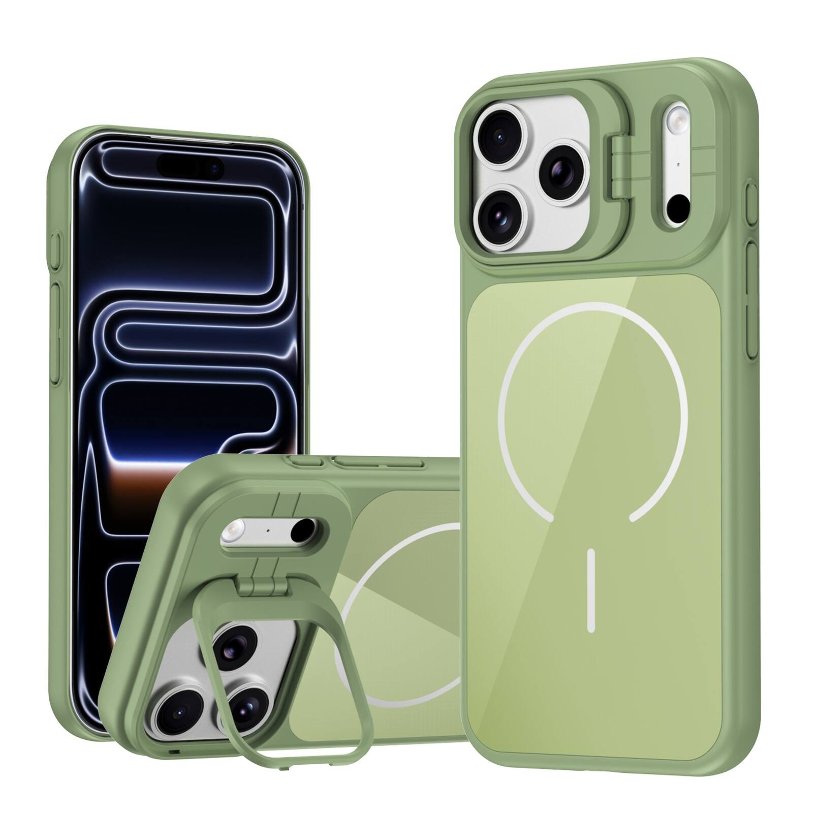 Angle. Dteck - Magnetic Case for Apple iPhone 17 Pro with Camera Lens Kickstand, Rugged Drop Proof Rigid Plastic + Glass Back Cover - Green.
