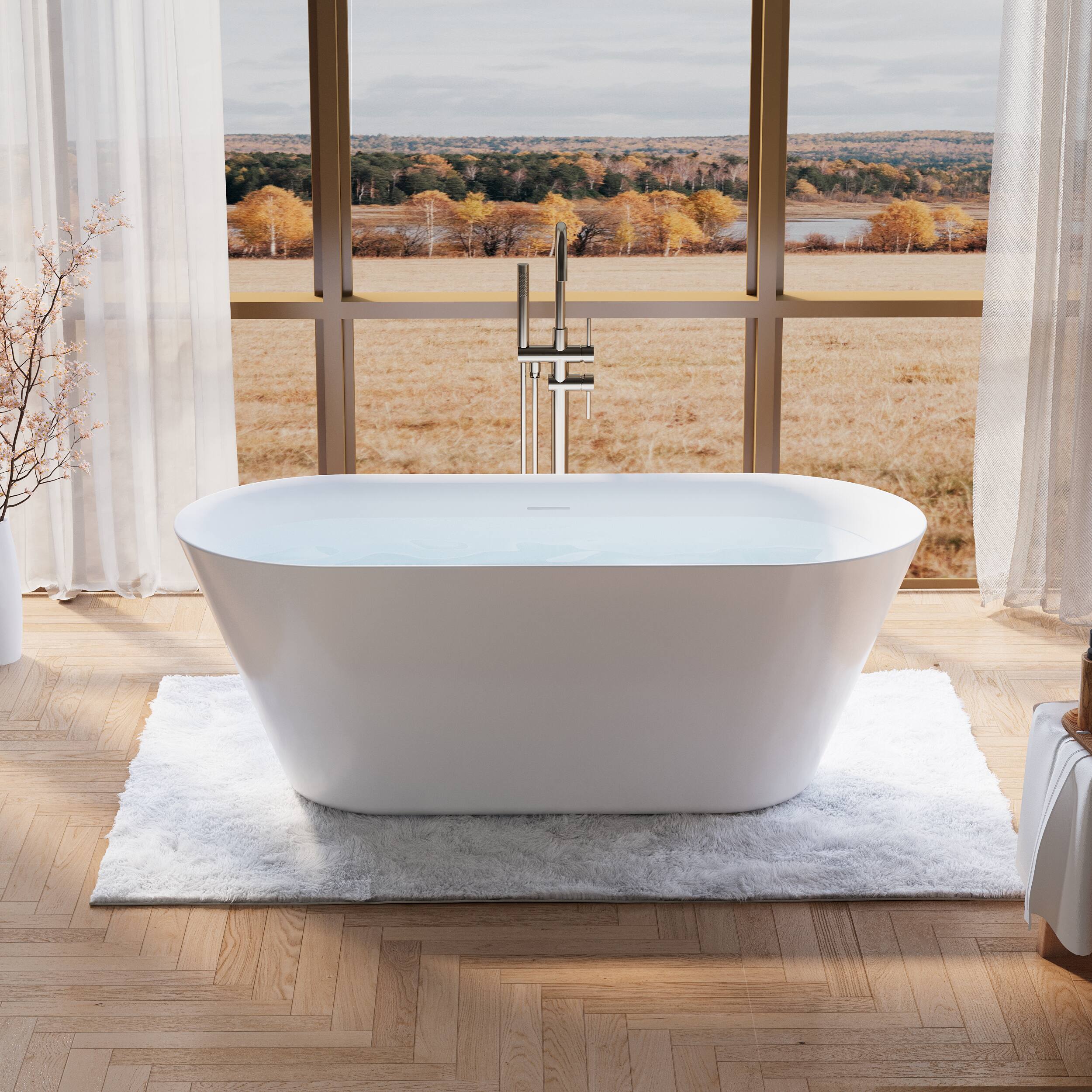 Front. WELLFOR - Sable 63 in. Acrylic Flatbottom Double Ended Freestanding Soaking  Bathtub with Drain and Overflow - White.