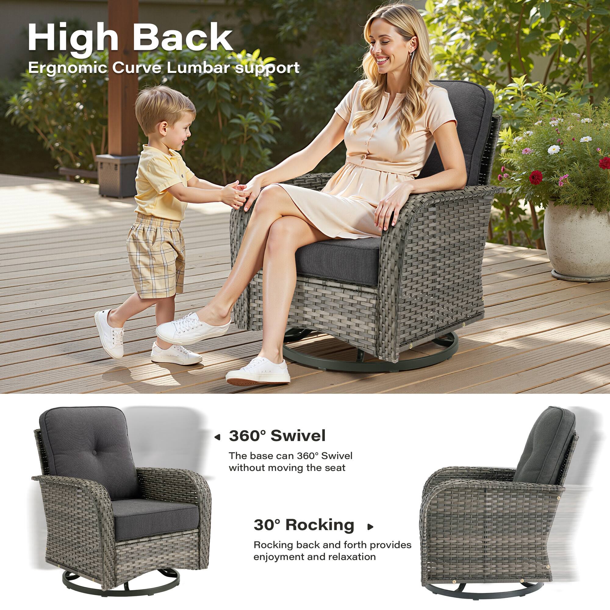 High Back  
Ergonomic Curve Lumbar support  

360° Swivel  
The base can 360° swivel without moving the seat  

30° Rocking  
Rocking back and forth provides enjoyment and relaxation