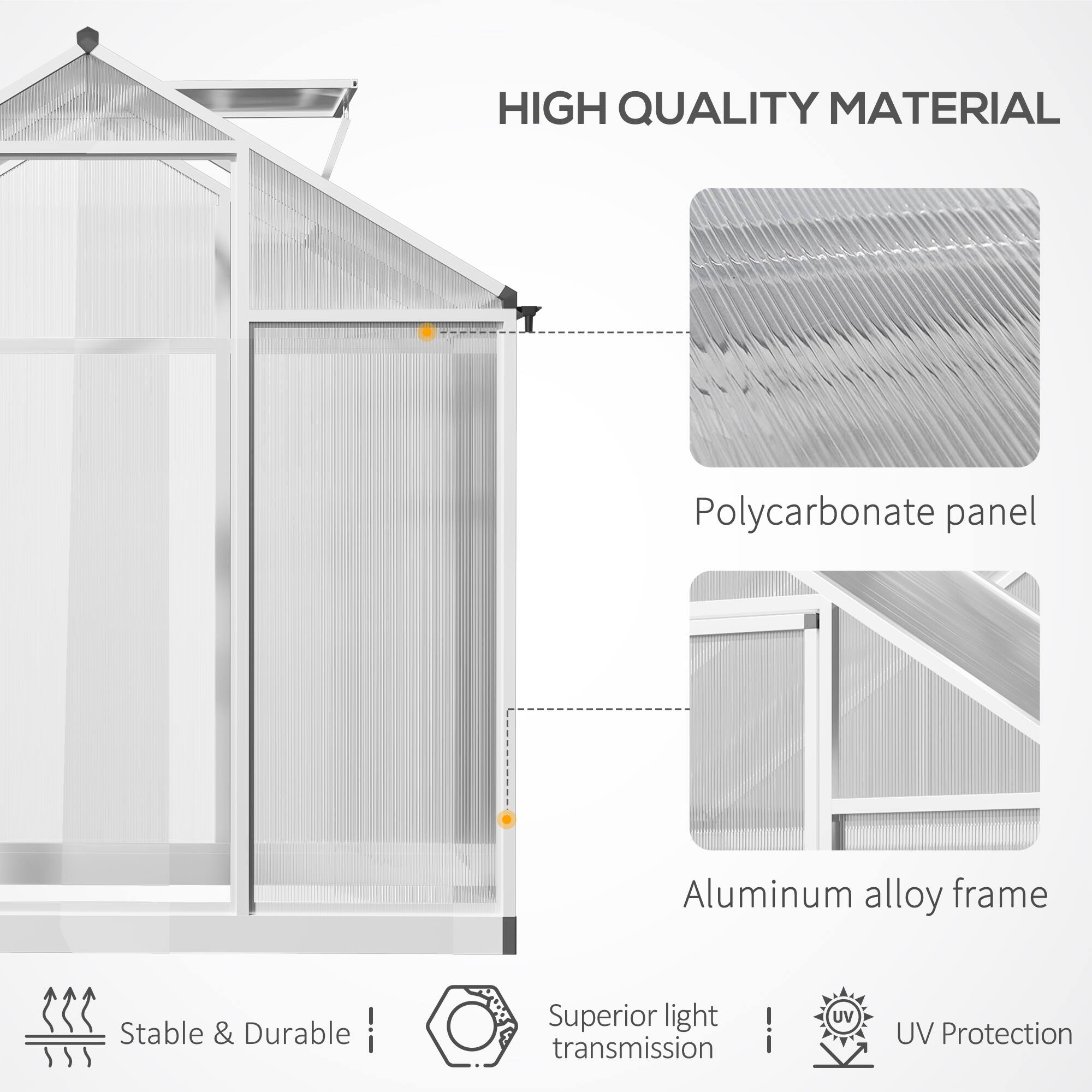 HIGH QUALITY MATERIAL
Polycarbonate panel
Aluminum alloy frame
Stable & Durable
Superior light transmission
UV Protection