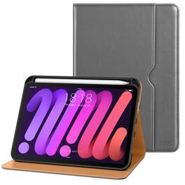 DTTO - Case for iPad Mini 7 (A17 Pro) 2024 / Mini 6 2021 8.3" - Leather Folio Stand with Pencil Holder & Multi-Angle Viewing - Gray