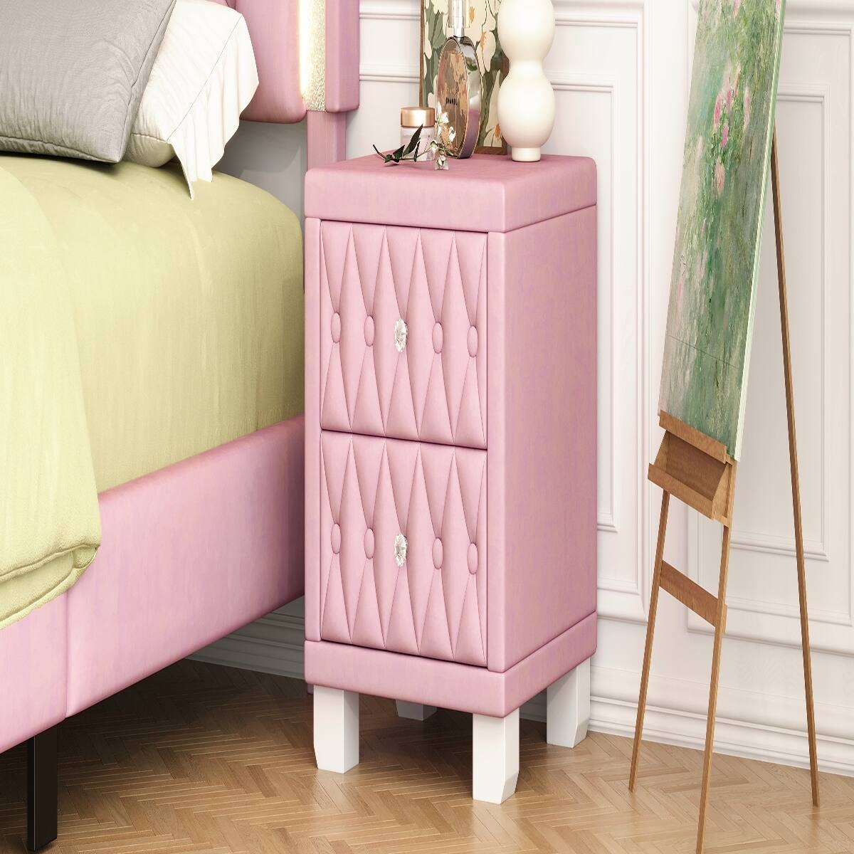 Alt View 9. Loheer - Loheer Pink Velvet Nightstand with Two Drawers, Button-Tufted Design and Crystal Handles, 18.1 in. - Pink.