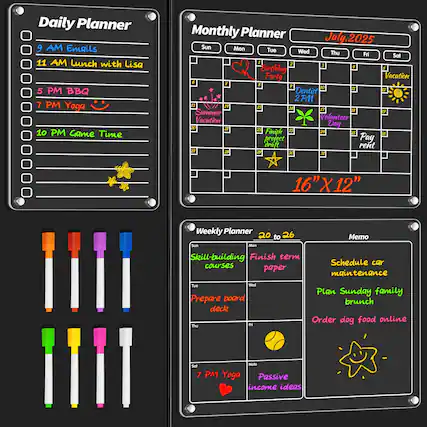 **Daily Planner**
- 9 AM Emails
- 11 AM Lunch with Lisa
- 5 PM BBQ
- 7 PM Yoga 😊
- 10 PM Game Time
**Monthly Planner July 2025**
- Sun Mon Tue Wed Thu Fri Sat
- 1 Birthday Party 🎉
- 2 🌞
- 3
- 4
- 5
- 6
- 7
- 8
- 9 Dentist 2 PM 🩺
- 10
- 11
- 12
- 13
- 14
- 15
- 16
- 17
- 18
- 19
- 20
- 21 Finish project draft rent 📝
- 22
- 23
- 24
- 25
- 26
- 27
- 28 Summer Vacation 🌞
- 29
- 30
- 31 Volunteer Day 🌱
**Weekly Planner 20 to 26**
- Mon: Finish term paper