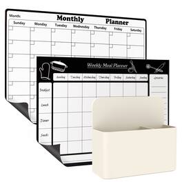 Garnen - Magnetic Fridge Calendar with Magnetic Pen Holder 5", Set of 3 Magnetic Menu Board, Weekly Meal Planner, Dry Erase Board - White