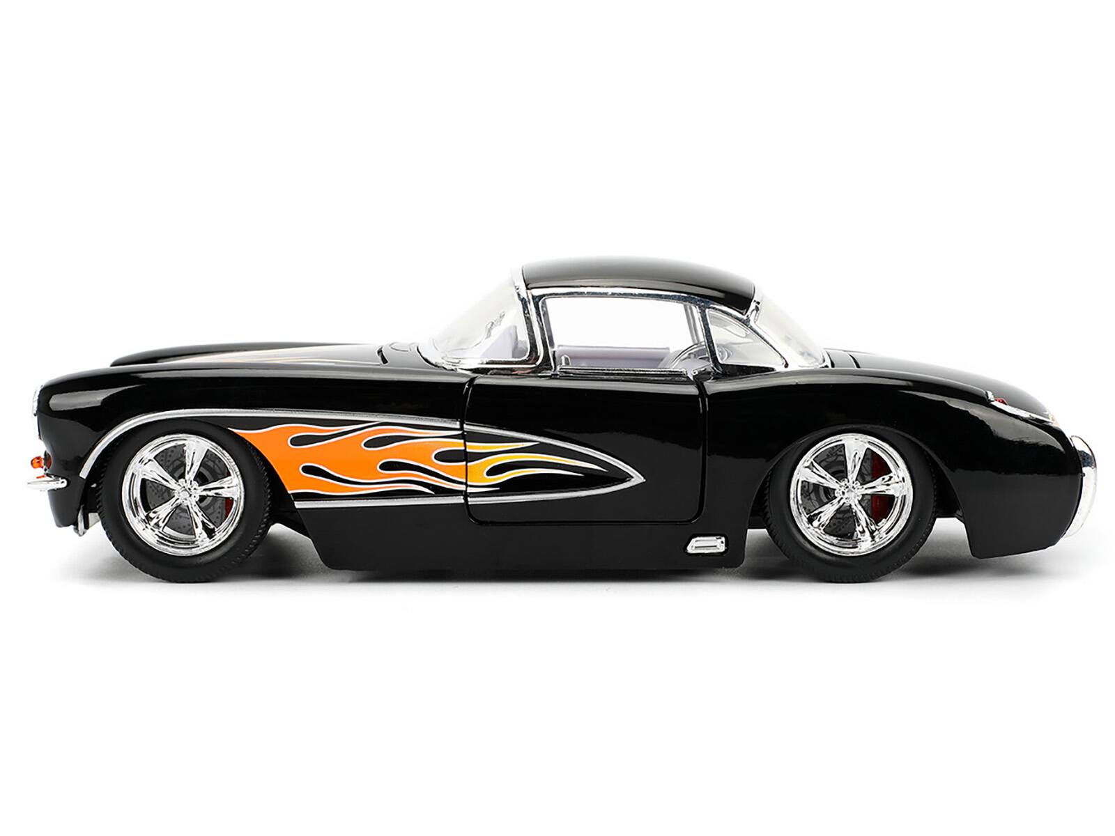 Alt View 2. Jada - 1957 Chevrolet Corvette Black with Flame Graphics and White Interior "Bigtime Muscle" Series 1/24 Model Car by Jada.