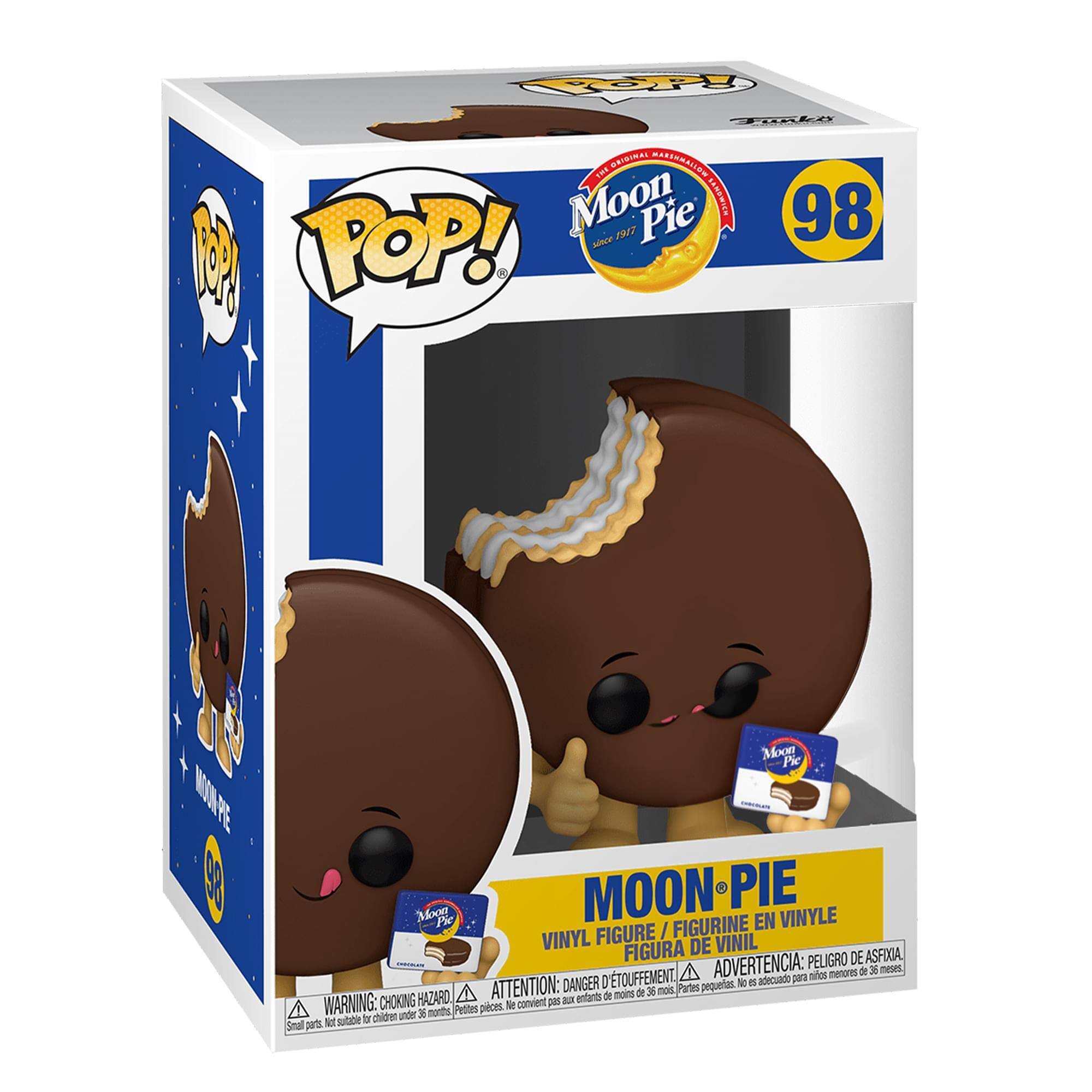 MOON PIE  
VINYL FIGURE / FIGURINE EN VINYLE / FIGURA DE VINIL  
POP!  
98  

WARNING: CHOKING HAZARD - Small parts. Not suitable for children under 3 years.  
ATTENTION: PEUVENT ETRE DANGEREUX POUR LES ENFANTS DE MOINS DE 3 ANS.  
ADVERTENCIA: PEQUEÑAS PIEZAS. NO ES ADECUADO PARA MENORES DE 3 AÑOS.  
PELIGRO DE ASFIXIA. NO ADECUADO PARA MENORES DE 3 AÑOS.