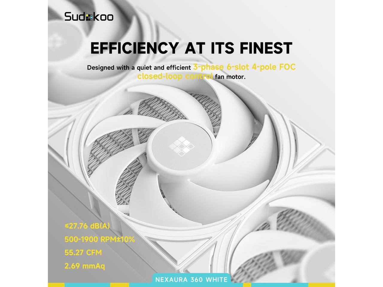 Sudkoo  
EFFICIENCY AT ITS FINEST  
Designed with a quiet and efficient 3-phase 6-slot 4-pole FOC closed-loop control fan motor.  
≤27.76 dB(A)  
500-1900 RPM±10%  
55.27 CFM  
2.69 mmAq  
NEXAURA 360 WHITE