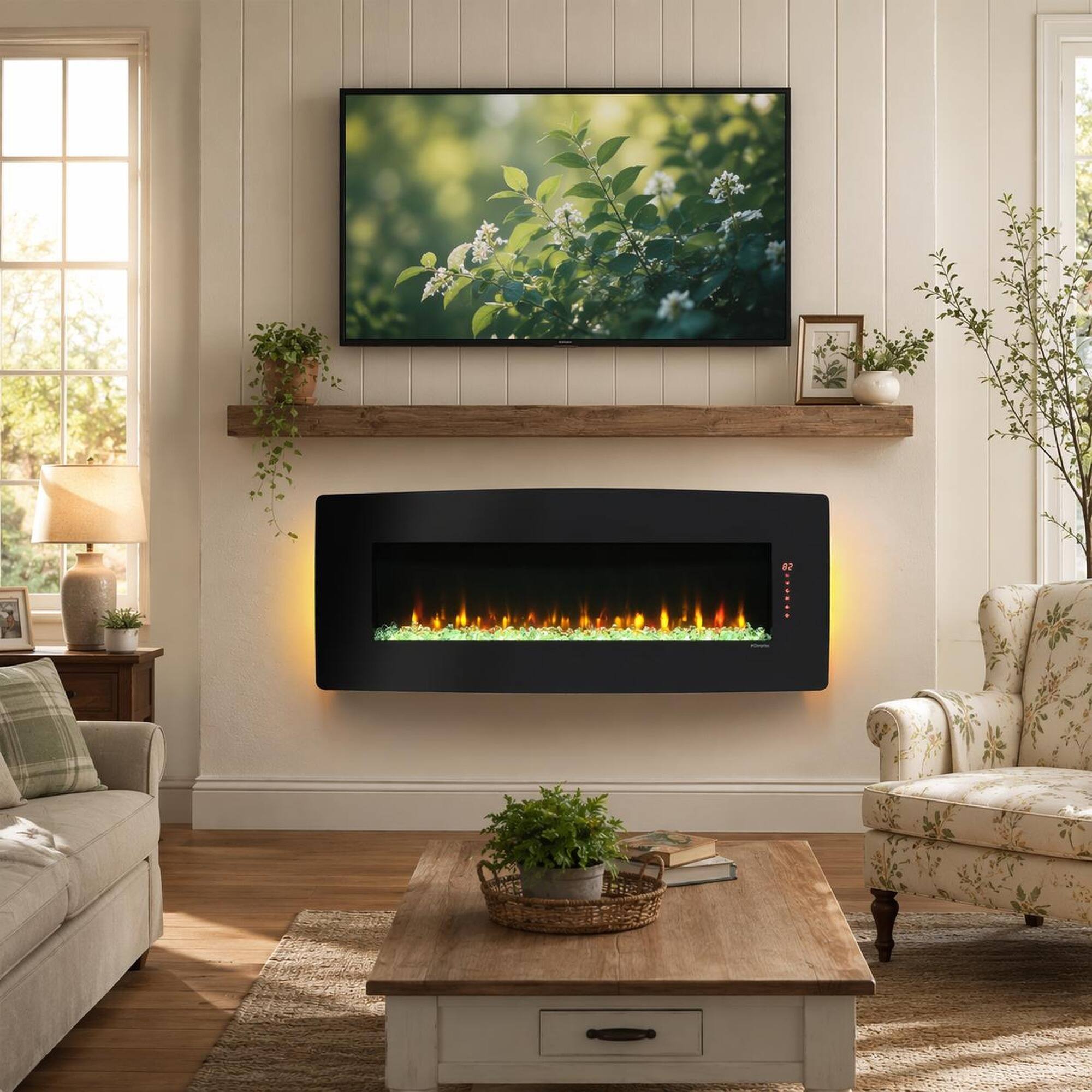 Angle. RYHNUYNE - 48 Inch Curved Front Wall-Mounted Electric Fireplace with Remote & Multi-Color Flame & Emberbed - Antique Black.