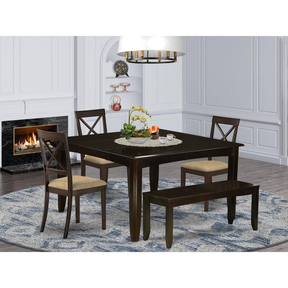 Left. East West Furniture - PFBO6-CAP-C 6 Pc Dining set-Table with Leaf and 4 Dinette Chairs plus on Bench - Cappuccino.