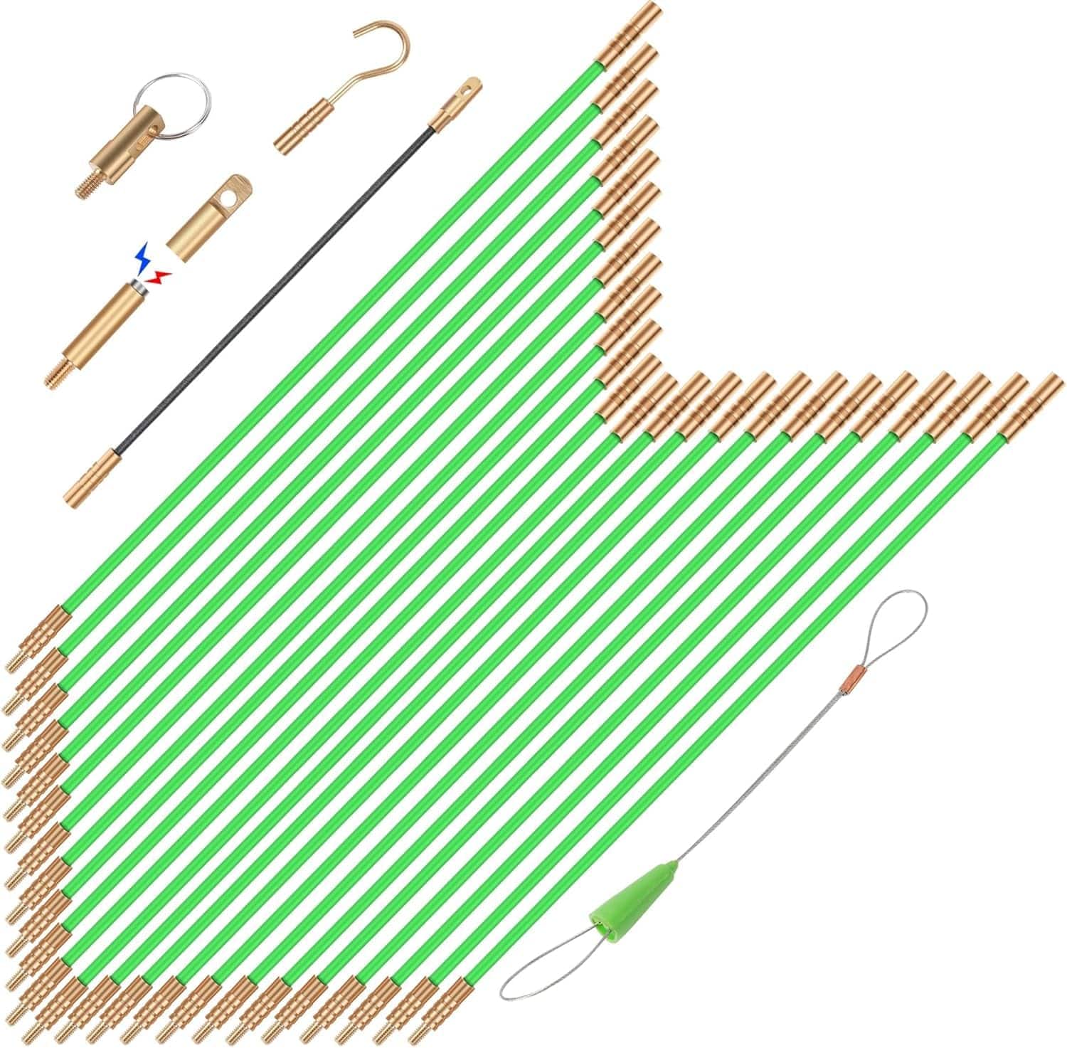 NICHOLAS KLEIN - Fiberglass Running Electrical Wire Cable Glow Rods Pulling Fish Kit With 8 Different Attachments And - 32FT