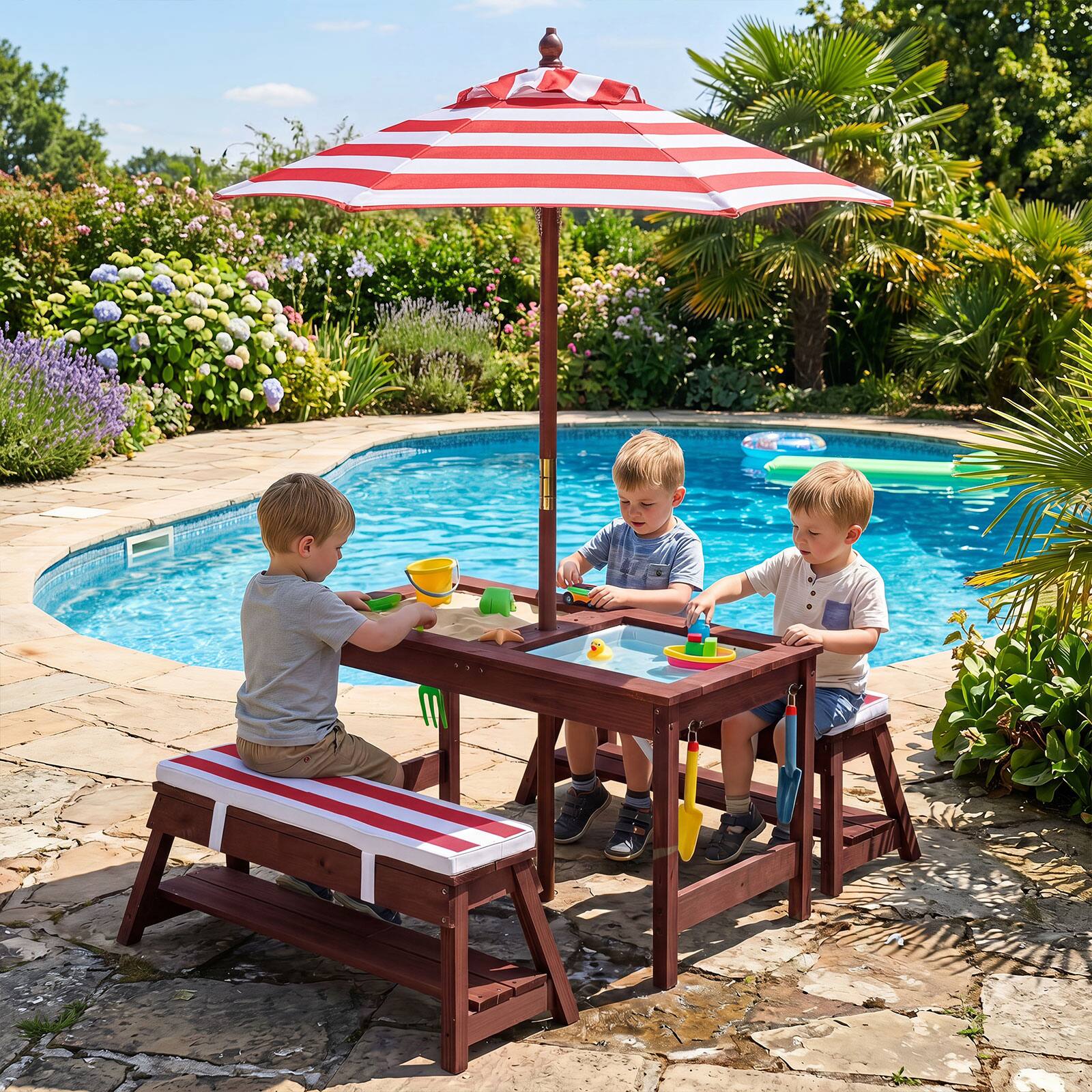 Alt View 3. Costway - Costway Kids Picnic Table & Benches Set with Adjustable Umbrella Removable Cushions Boxes - Red.