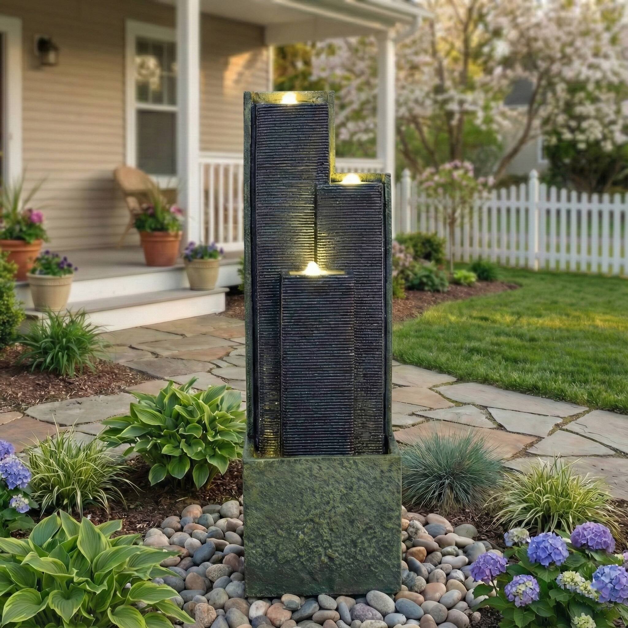 Left. Anysun - 39" H Outdoor Water Fountain – Modern Cascading Freestanding Fountain with LED Lights for Garden, Patio, Lawn Decor - Grey.