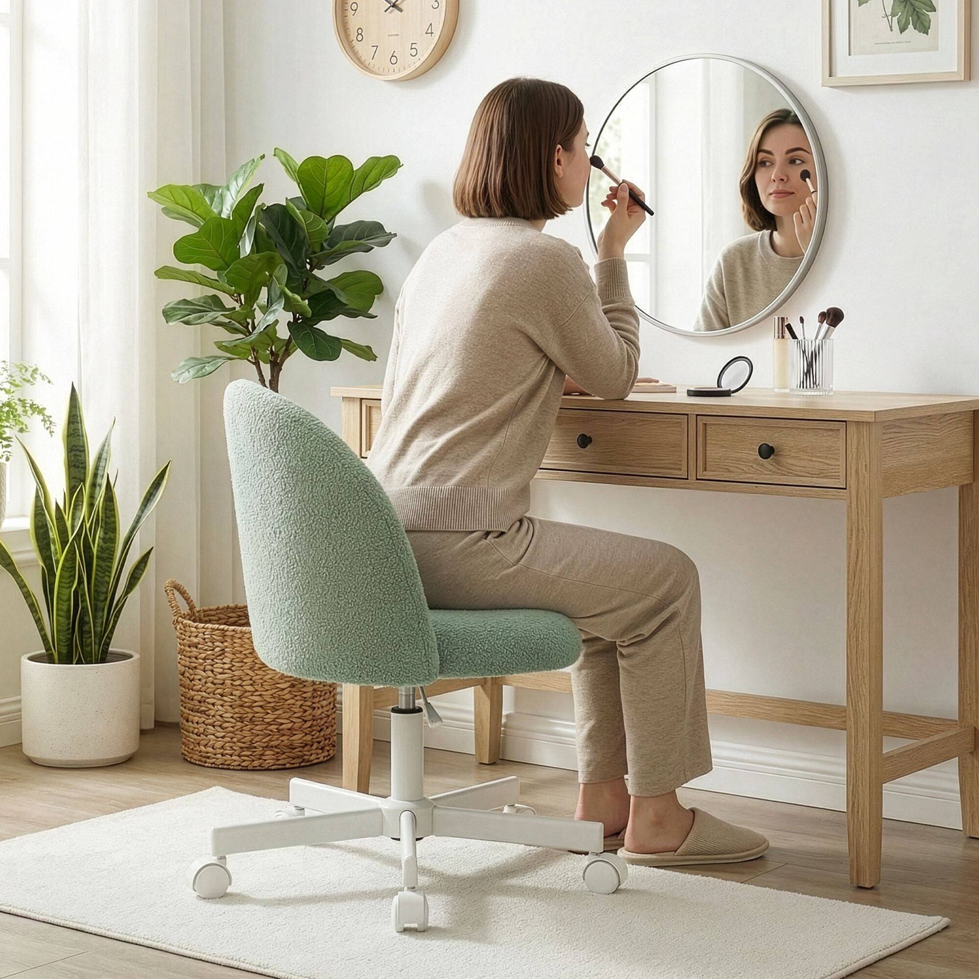Back. Neo Chair - Office Vanity Chair with Wheels Comfy Desk Chair for Girls Cute Computer Small Armless Adjustable Height Swivel - Green.