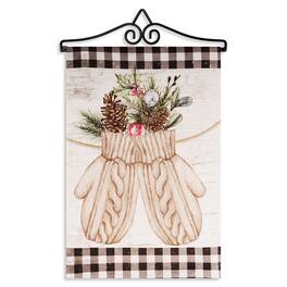 G128 - Combo Pack Garden Flag Hanger 14IN & Mittens with Evergreen Arrangement 12x18IN Double-Sided Blockout Fabric - Beige
