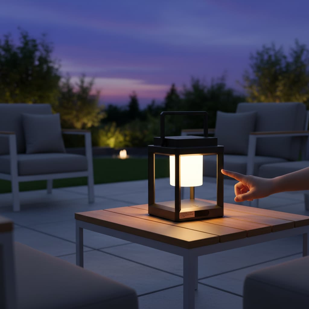 Alt View 2. FINEAK - 7.4" Solar Outdoor Table Lamp - Waterproof Portable Rechargeable Lantern - silvery.